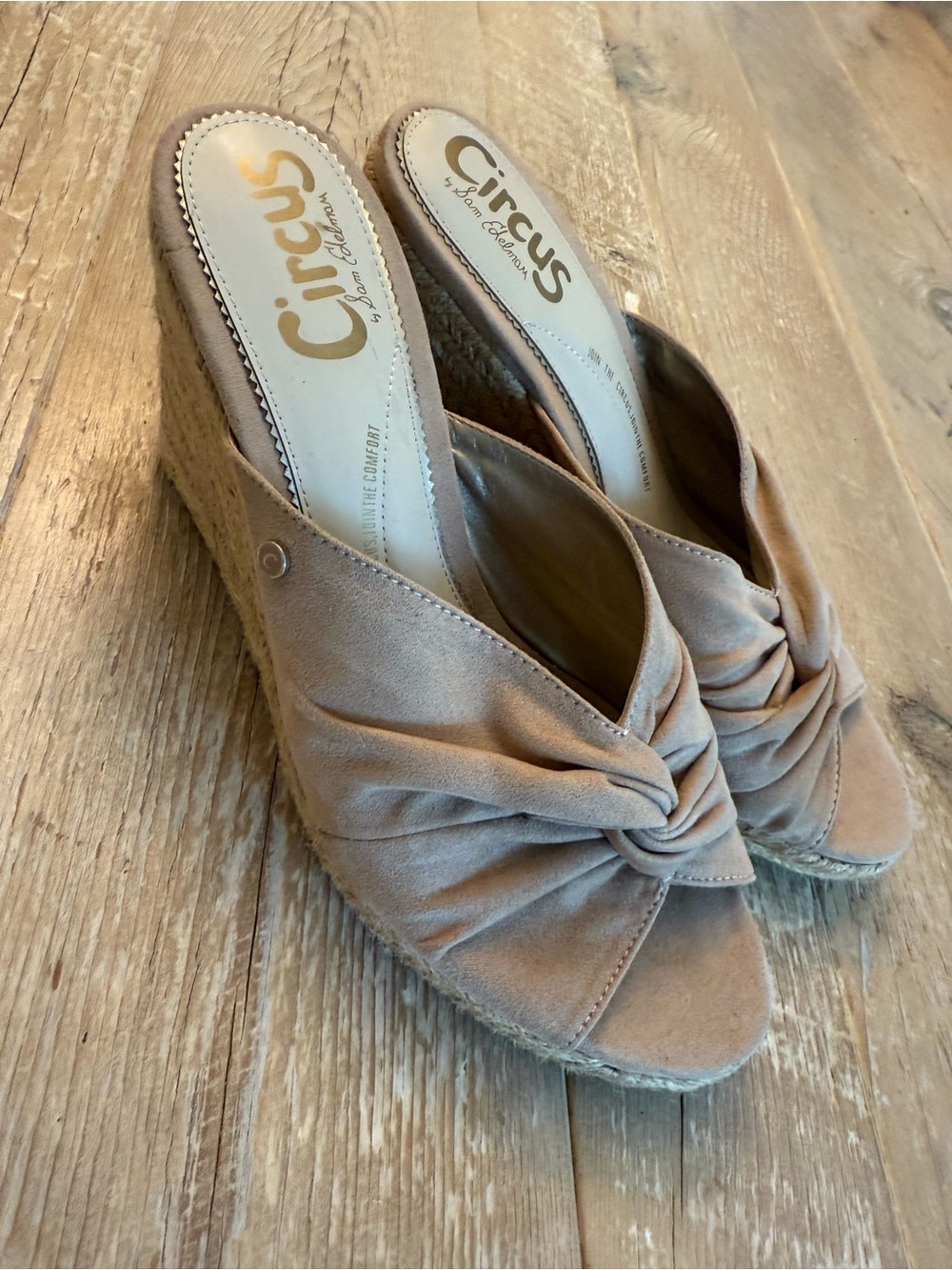Circus by Sam Edelman Taupe Suede Knot Espadrille Wedge Mules NWOT 8.5